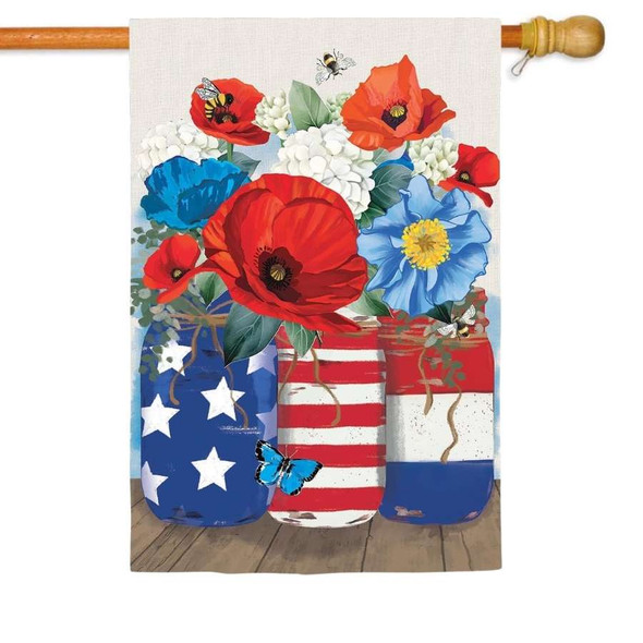 A Patriotic Floral Jars House Flag depicting three Americana style vases containing red, white, and blue flowers.