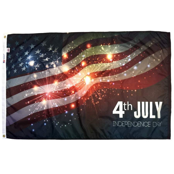 This flag features the American flag waving in the distance with fireworks. On the bottom right corner is the text "4th July Independence Day."
