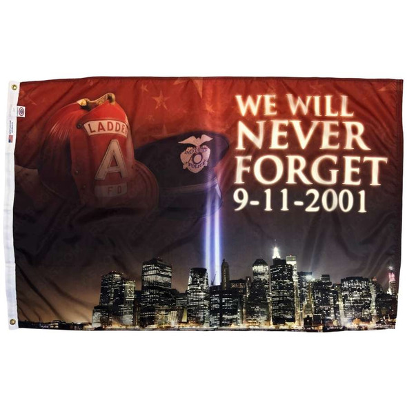 A 9/11 flag with the text “We will never forget 9-11-2001” in white next to firefighter and police hats. Below is a NYC skyline with 2 lights.