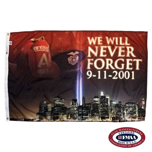A 9/11 flag with the text “We will never forget 9-11-2001” in white next to firefighter and police hats. Below is a NYC skyline with 2 lights. FMAA Made in America seal.