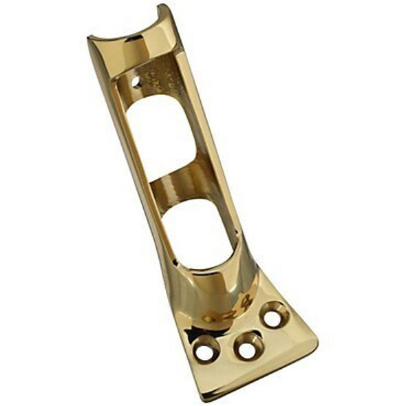 A brass-plated flag pole holder with a cylinder for inserting a flag pole and three holes at the bottom for screws.