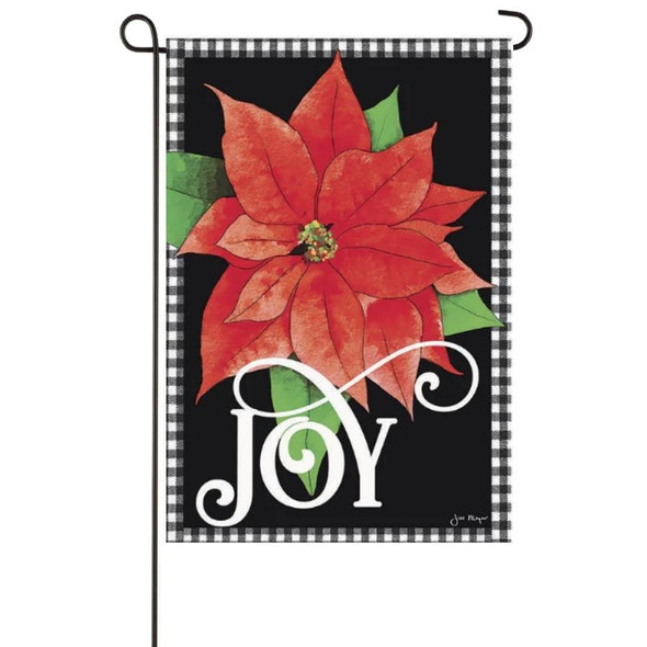 A Joy Poinsettia garden flag depicting a large red poinsettia on a dark background with the text "Joy" in white below.