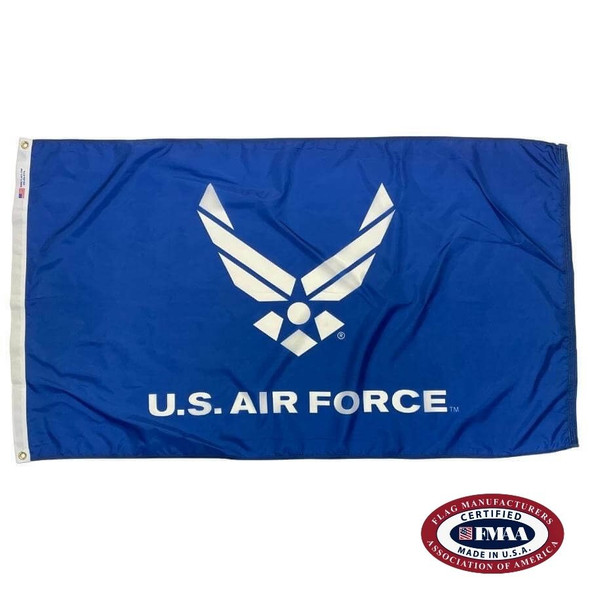 The blue Air Force Wings flag depicts a white winged design above the text “U.S. Air Force”. FMAA Certified Made in America seal.