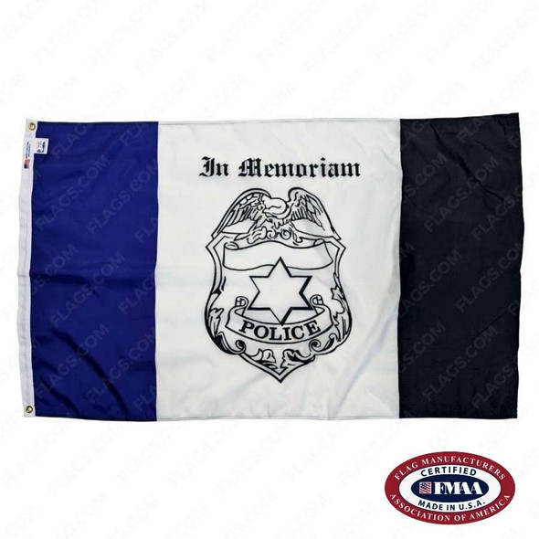 The Police Mourning flag featuring a vertical tricolor field of blue, white and black. The center says 'In Memoriam' with a police shield below it. FMAA Certified Made in America seal.