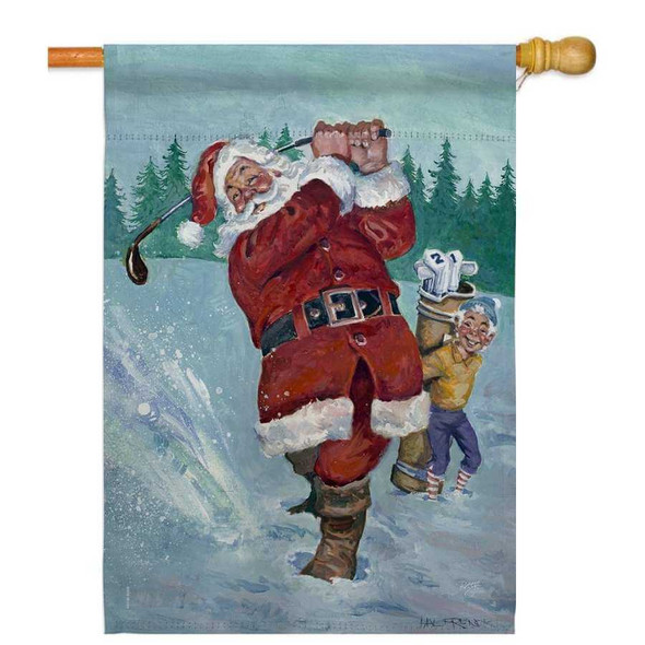 Santa taking a golf swing with an elf caddy by his side. They are in a winter wonderland with a background of pine trees.