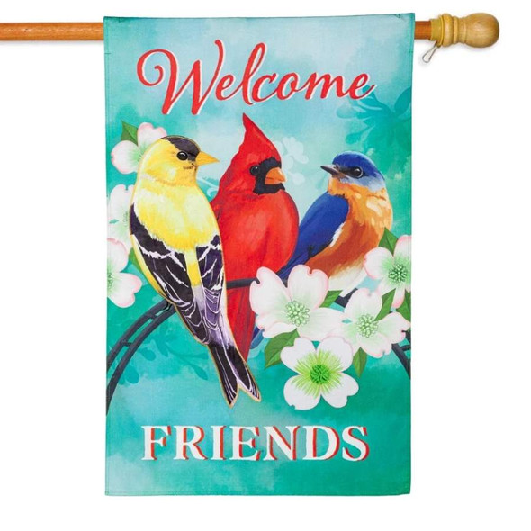 The Welcome Friends House Flag is light blue and depicts a goldfinch, cardinal, and bluebird on a dogwood branch, surrounded by the text "Welcome Friends".