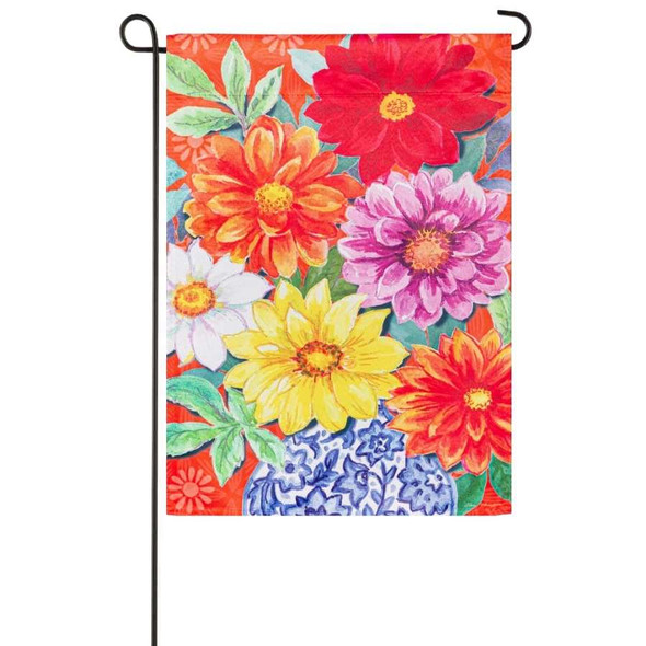 A Dahlias Bouquet Garden Flag depicting a bunch of colorful flowers in a bouquet on an orange background.