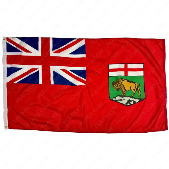 The Manitoba flag is red with a Union Jack in the canton and a shield on the right depicting St. George’s Cross above a bison.