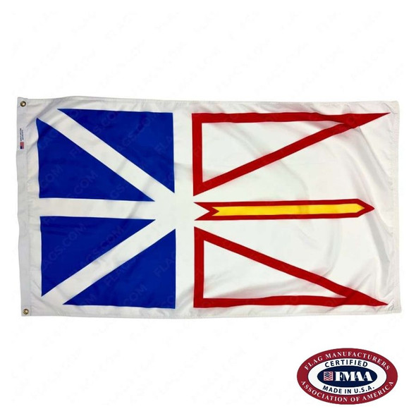 The Newfoundland flag is white with 4 blue triangles on the left, and 2 red triangle outlines on the right, flanking a yellow arrow. FMAA Certified Made in America seal.