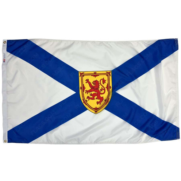 The Nova Scotia flag is white with a diagonal blue saltire and a yellow shield depicting a red lion in the center.