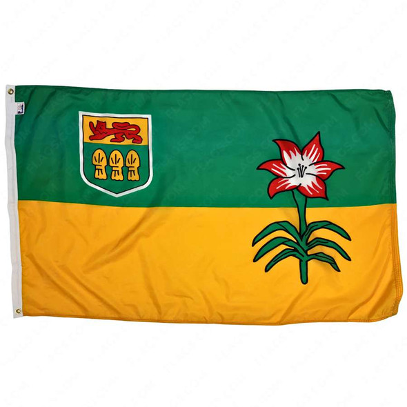 The Saskatchewan flag has 2 green & yellow stripes with a prairie lily on the right. In the top left is a yellow & green shield with a red lion.