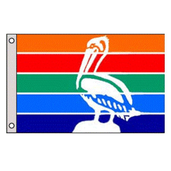 The St. Petersburg flag depicts a white pelican on top of 5 horizontal orange, red, green, blue, and purple stripes. 