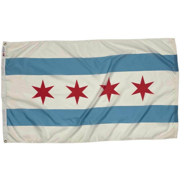 The Chicago flag that has a white field and two light blue stripes going horizontally. Between the stripes are four six-sided stars.