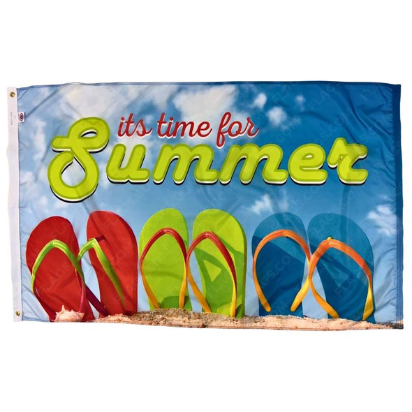 The Summer Sandals flag features a beach scene with a blue, cloudy sky, sand on the bottom, with red and green, green and red, and blue and orange flip flops sticking out of the beach sand. Red and green cursive text above reads “It’s time for summer”.