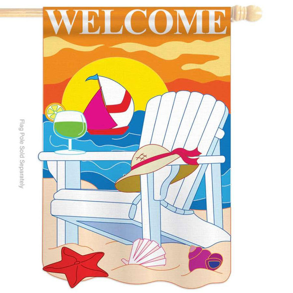 A decorative house flag featuring a beach scene with a beach chair and sailboat in the background. The top reads "Welcome."