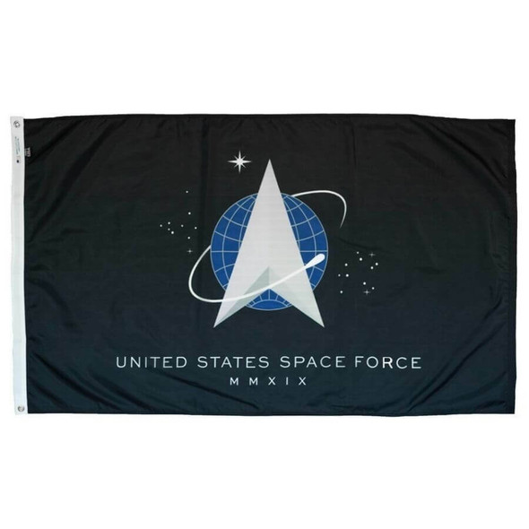 The Space Force flag has a black background and the Space Force emblem in the center. The emblem shows a delta triangle in front of a globe.