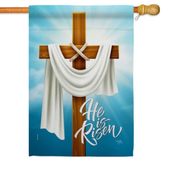 The blue He is Risen house flag has a wooden cross draped with a white cloth in the center, with the script "He is Risen" underneath.