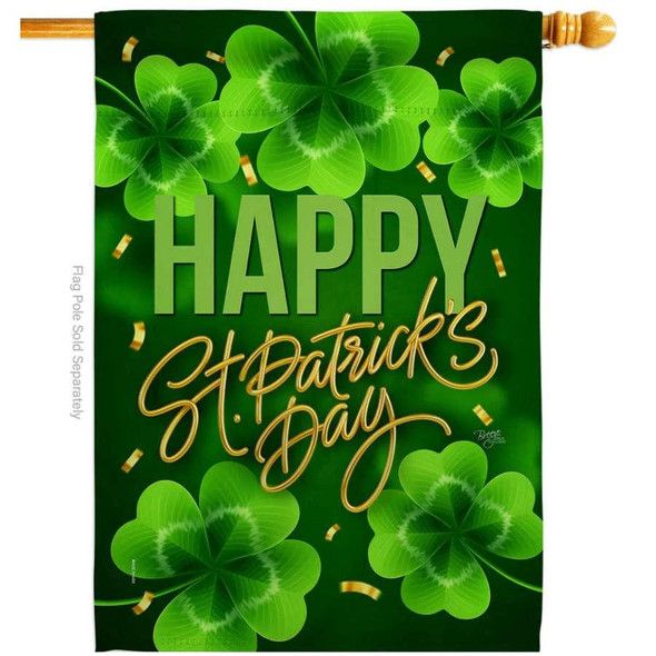 A green flag with bright four-leaf clovers on the top & bottom. In the center reads "Happy" in bold green & "St. Patrick's Day" in cursive gold text.