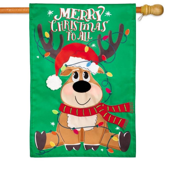 A Merry Christmas to All Applique House Flag depicting a reindeer wearing a Santa hat and scarf, with Christmas lights around its antlers. Above is the text "Merry Christmas to All".