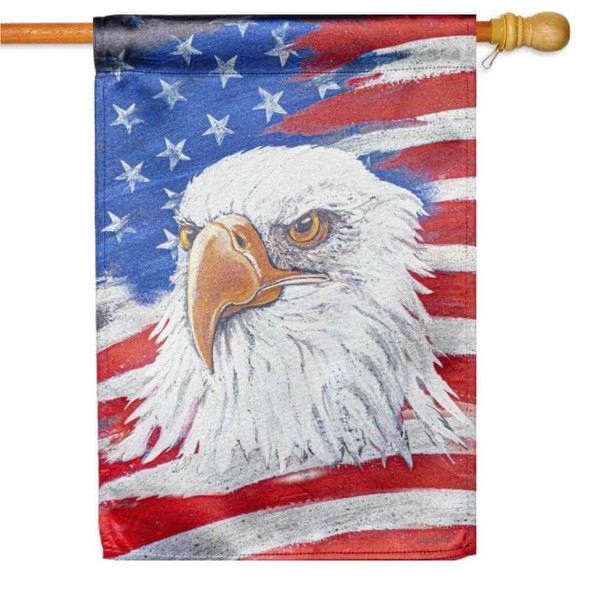A Eagle and Flag Lustre House Flag depicting the head of a bald eagle against the American flag.