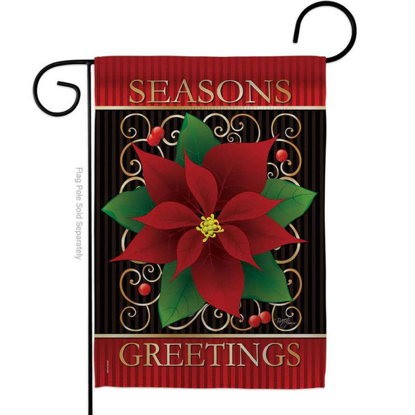 A Christmas garden flag featuring a black background with a large poinsettia in the middle. The top and bottom have stripes of red and read "Seasons Greetings" in gold.