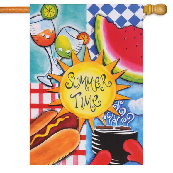 A decorative house flag with a sun in the middle that says "Summer Time." Each corner has a different element of summer, such as watermelon, hotdogs, a grill, and drinks. 