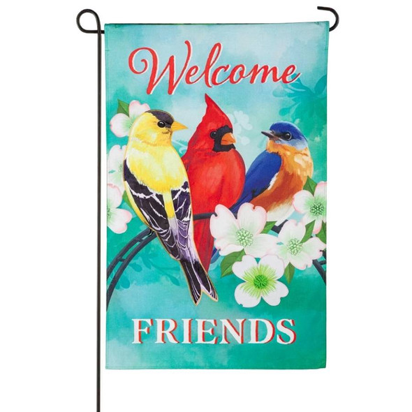 The Welcome Friends Garden Flag is teal and depicts a goldfinch, cardinal, and bluebird on a dogwood branch, surrounded by the text "Welcome Friends".
