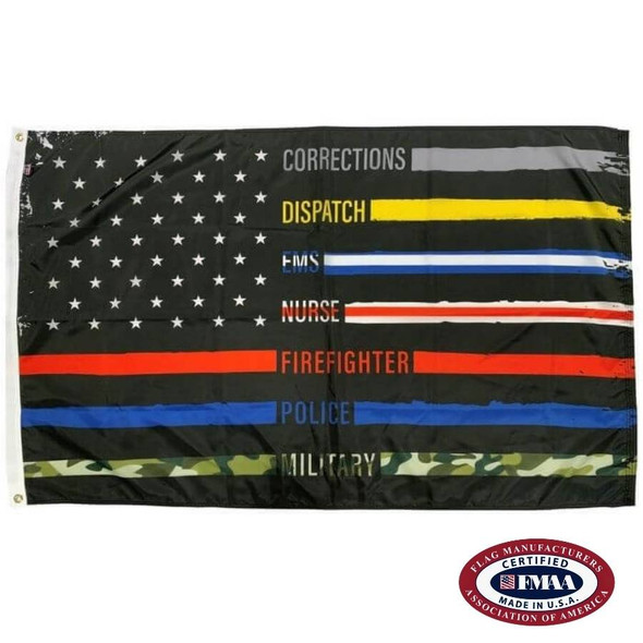 A US flag with the blue canton & red stripes rendered as black. Each white line is recolored & names a different first responder position. FMAA Certified Made in America seal.