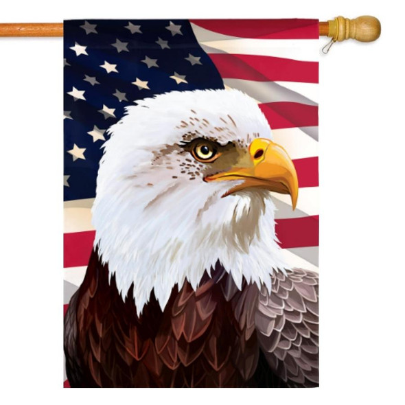 A house flag depicting a bald eagle in front of the American flag.