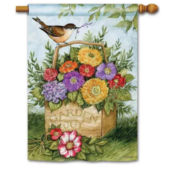 A house flag depicting a bouquet of flowers in a basket, with a bird perched on the handle.