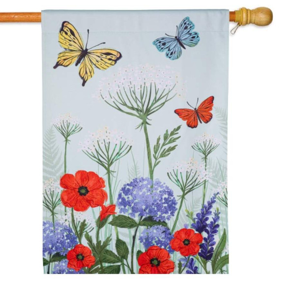A house flag depicting butterflies above red, blue, and white flowers on a light gray background.