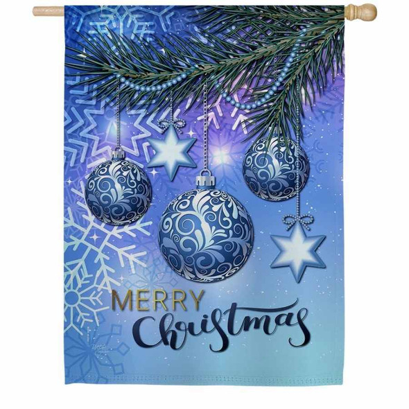 A house flag that has a blue background with white snowflakes. A pine tree branch comes in from the side and has 3 blue Christmas ornaments hanging from it. "Merry Christmas" is written across the bottom.