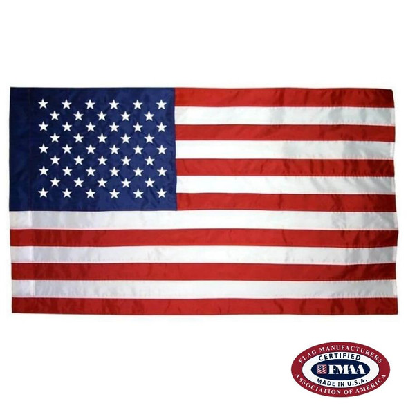 The US flag with 50 stars in a dark blue canton and 13 alternating red and white stripes. On the flag’s left is a pole sleeve. FMAA Certified Made in America seal.