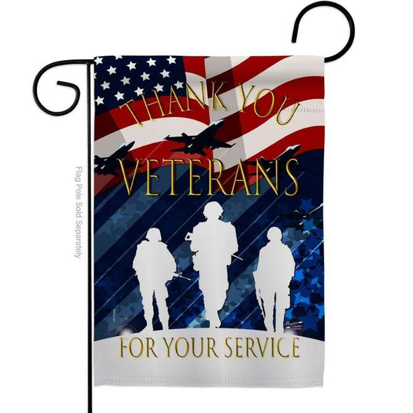 A garden flag with 3 white outlines of soldiers below a US flag and 3 jet planes. “Thank you veterans for your service” is written in gold.
