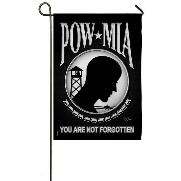 A black flag with white text "POW MIA" on top, the symbol for POW/MIA, and the text "You are not forgotten" on the bottom.