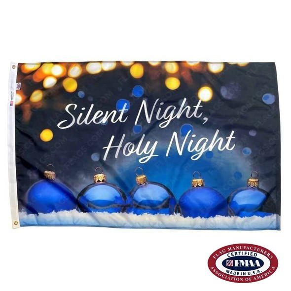 Five blue Christmas ornaments with the words "Silent Night, Holy Night" above them in white. The background is dark blue and the bright Christmas lights can be seen on top. FMAA Made in America seal.