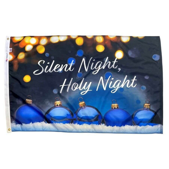 Five blue Christmas ornaments with the words "Silent Night, Holy Night" above them in white. The background is dark blue and the bright Christmas lights can be seen on top.