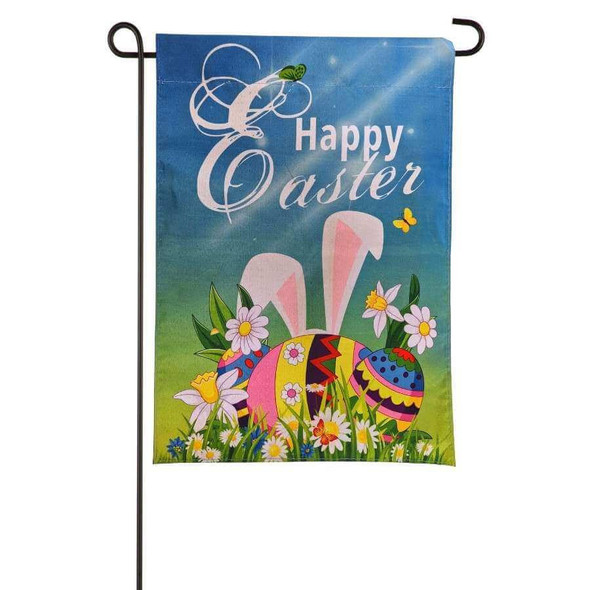 This blue and green flag features colorful eggs, flowers, butterflies, and white bunny ears. White text that reads "Happy Easter" is on the top.