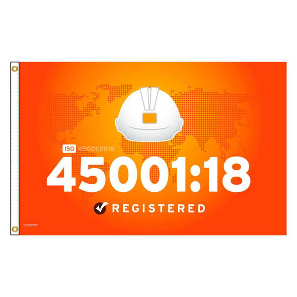 An ISO 45001:18 Flag featuring an orange field with a light orange map of the world. There is a white hard hat in the center with '45001:18 Registered' below it.