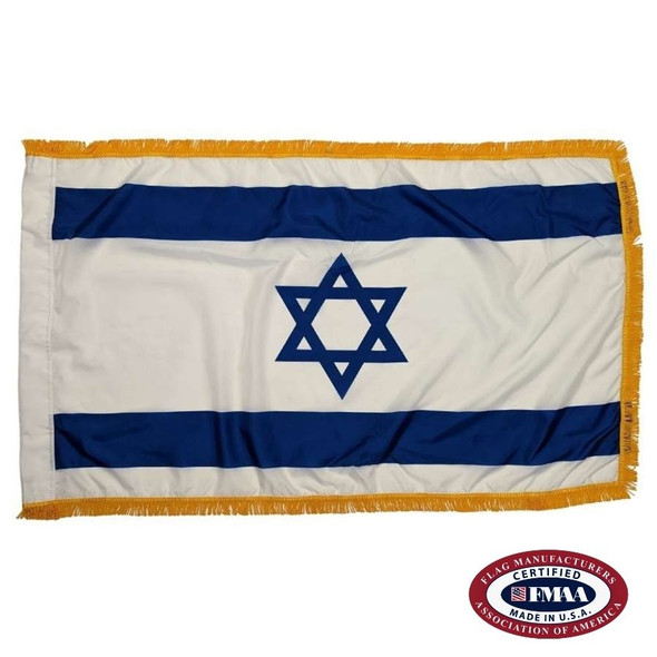 Israel’s flag has two horizontal blue stripes with a Star of David in between on a white background. There is gold fringe around 3 borders. FMAA Certified Made in America seal.