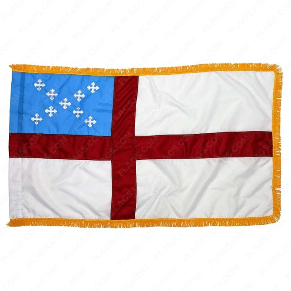 The Episcopal flag with fringe has a red cross on a white field and a blue rectangle with 9 crosses in an X-shape in the upper left. 