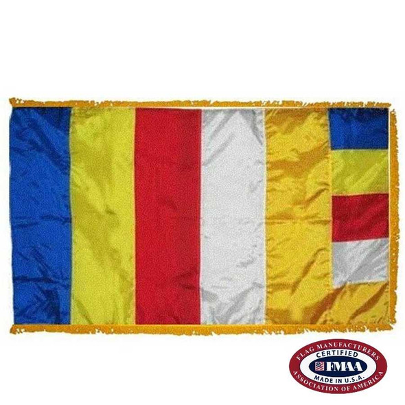 The Buddhism flag has 6 vertical bands of blue, yellow, red, white, and orange. The 6th band has all 5 colors. The flag has a gold fringe. FMAA Certified Made in America seal.