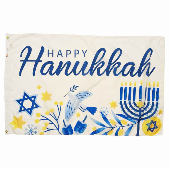 A white flag with the text "Happy Hanukkah" above a blue Star of David, dove, and menorah.