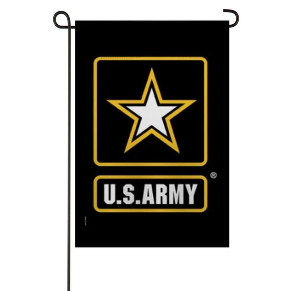 A black Army Star Garden flag on a garden flagpole. The flag shows a white star with a gold outline above white text that reads ‘US Army.’