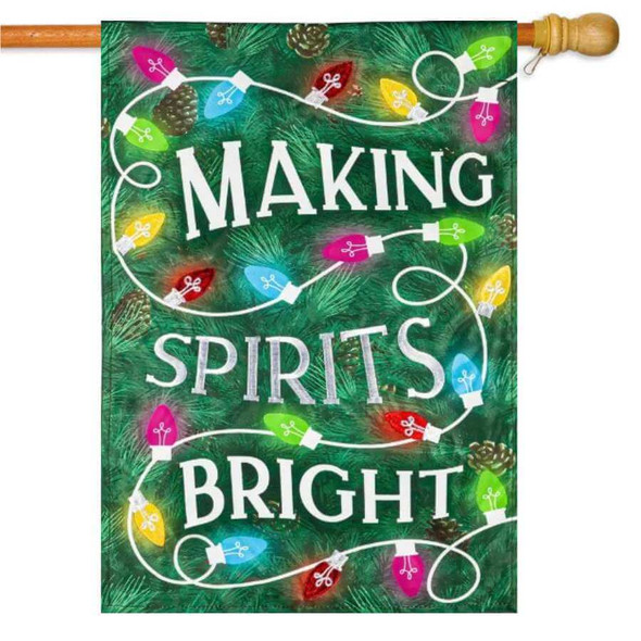 A Making Spirits Bright Applique House Flag with the text "Making Spirits Bright" surrounded by colorful string lights.