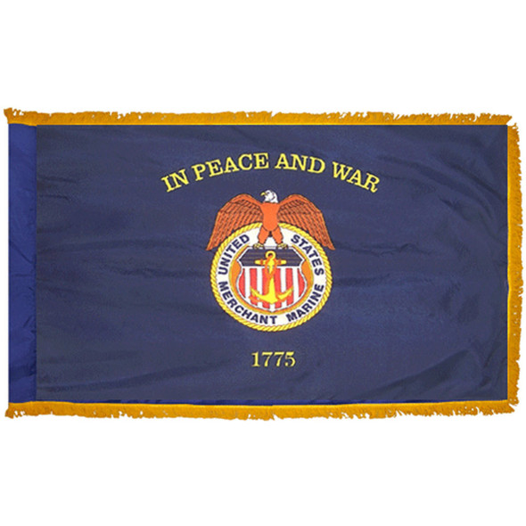 The indoor Merchant Marine flag has a dark blue field surrounded on 3 sides by gold fringe. In the center is the seal of the Merchant Marines.