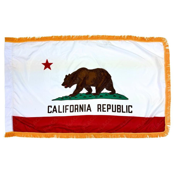The indoor California flag has a pole sleeve and 3 borders of gold fringe around the sides of the white and red flag.