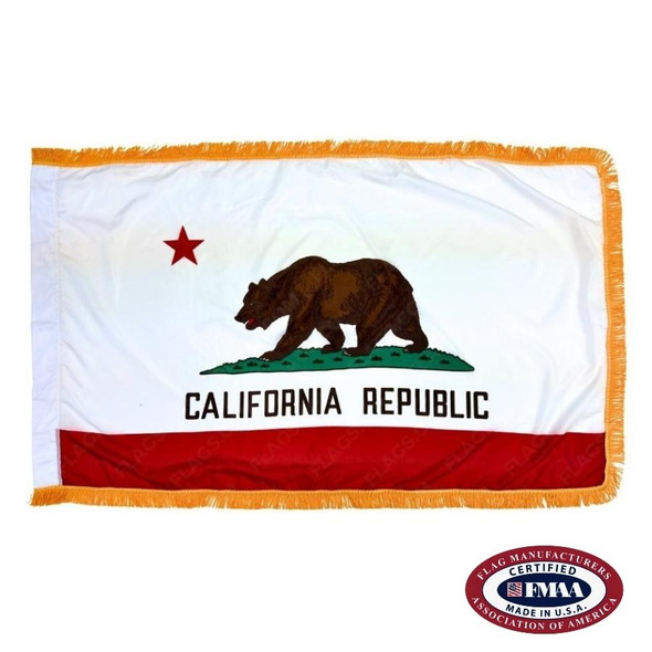 The indoor California flag has a pole sleeve and 3 borders of gold fringe around the sides of the white and red flag. FMAA Certified Made in America seal.