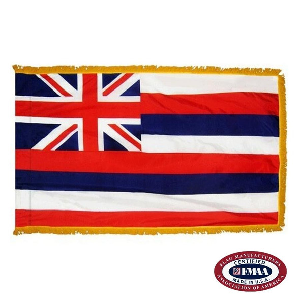 The indoor Hawaii flag has three borders of gold fringe around the white, red, and blue striped flag. In the canton is the Union Jack. FMAA Certified Made in America seal.