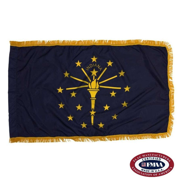 The indoor Indiana flag has 3 edges of gold fringe around the dark blue field. In the center is a seal with a golden torch and 19 stars. FMAA Certified Made in America seal.
